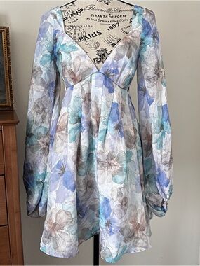 Bardot Floral V-Neck Long Sleeve Mini Dress - Blue & Taupe